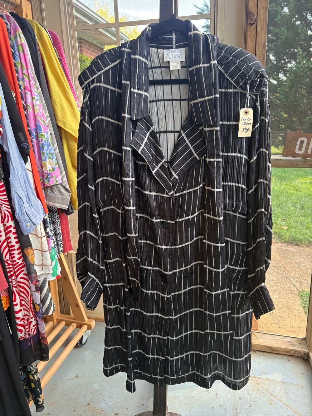 Vintage, Christine Albers Crinkle Duster Jacket Black White Plaid Art to Wear S